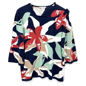 Chico's Floral Sweater Size 2 L Puff 3/4 Sleeve Lightweight Spring Cotton Blend